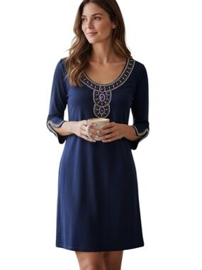 Lilly Pulitzer Sz M Sarah Embellished Sleeves Neckline Navy Blue Gold  | EUC